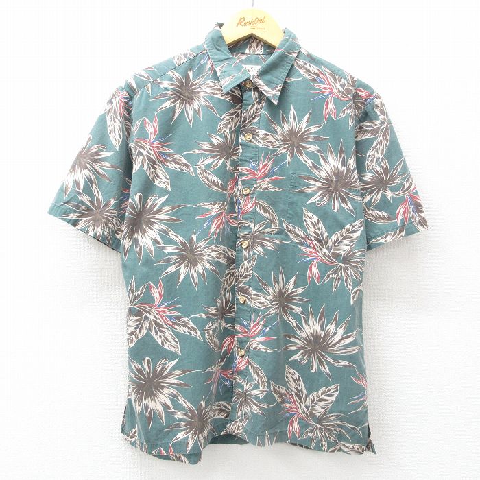 L★古着 半袖 ハワイアン シャツ メンズ 90年代 90s 葉 総柄 コットン USA製 緑 グリーン 25jun10 中古 アロハ トップス