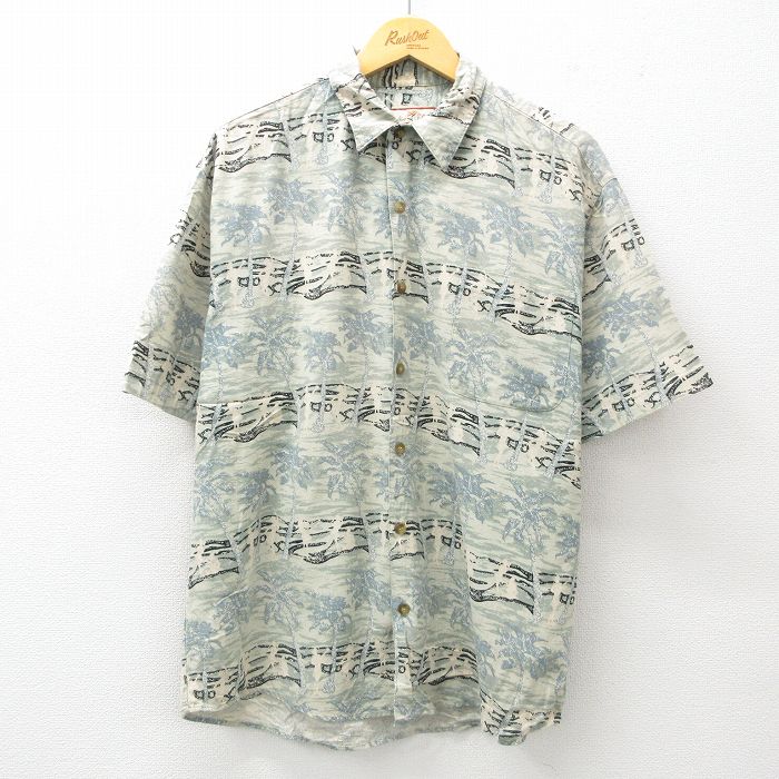 【50%OFF】XL★古着 半袖 ハワイアン シャツ メンズ ヤシの木 総柄 シルク グレー系 25jun10 中古 アロハ トップス