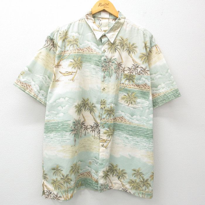 【50%OFF】XL★古着 半袖 ハワイアン シャツ メンズ 90年代 90s ヤシの木 海 大きいサイズ 薄緑系 グリーン 25jun10 中古 アロハ トップス