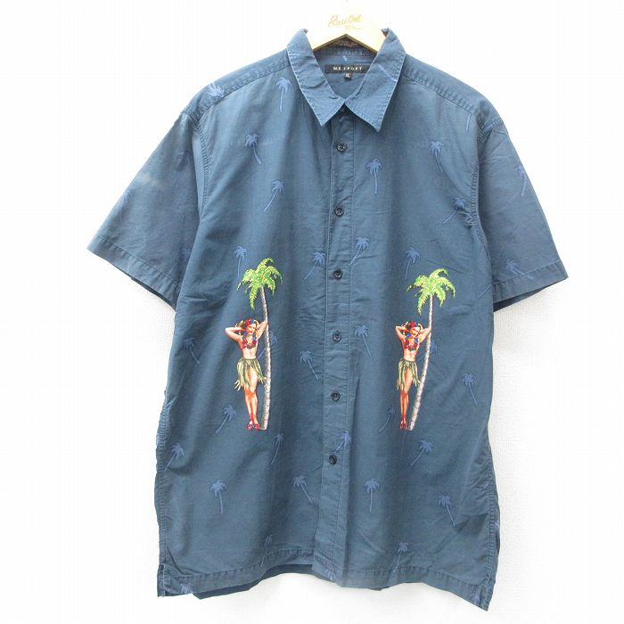 XL★古着 半袖 ハワイアン シャツ メンズ 00年代 00s ヤシの木 フラダンス 総柄 コットン 濃紺 ネイビー 25jun10 中古 アロハ トップス
