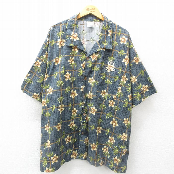 【50%OFF】XL★古着 半袖 ハワイアン シャツ メンズ 90年代 90s 花 ヤシの木 SUNDT 大きいサイズ コットン 開襟 オープンカラー USA製 濃紺 ネイビー 25jun10 中古 アロハ トップス