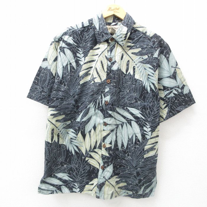 XL★古着 半袖 ハワイアン シャツ メンズ 00年代 00s 葉 総柄 コットン 黒 ブラック 25jun10 中古 アロハ トップス