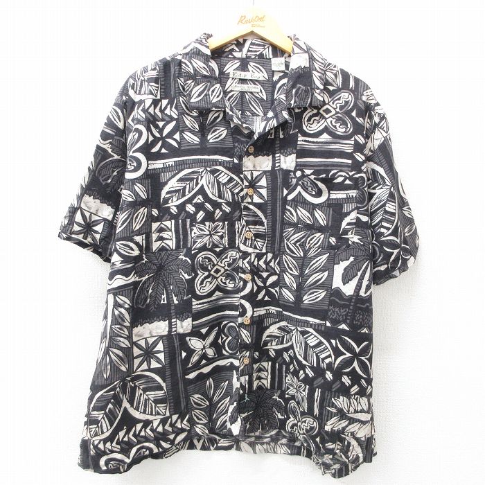 XL★古着 半袖 ハワイアン シャツ メンズ 葉 ヤシの木 総柄 大きいサイズ シルク 開襟 オープンカラー 黒 ブラック 25jun10 中古 アロハ トップス