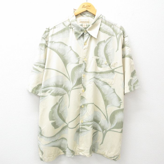 XL★古着 半袖 ハワイアン シャツ メンズ 葉 総柄 大きいサイズ ロング丈 シルク 薄ベージュ カーキ 25jun10 中古 アロハ トップス