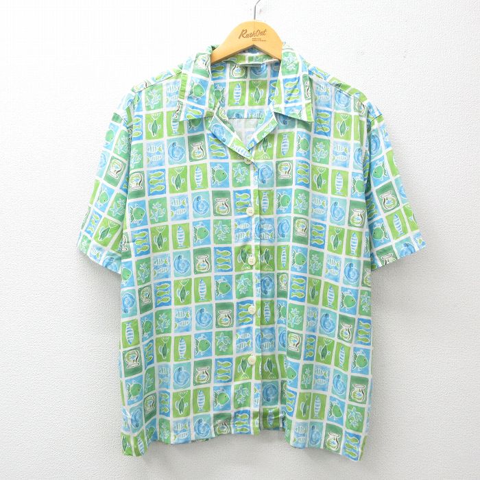 L★古着 半袖 ハワイアン シャツ メンズ 90年代 90s 魚 ヒトデ 総柄 レーヨン 開襟 オープンカラー 緑他 グリーン 25jun10 中古 アロハ トップス