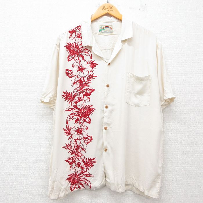 XL★古着 半袖 ハワイアン シャツ メンズ ハイビスカス 大きいサイズ 開襟 オープンカラー 生成り他 25jun10 中古 アロハ トップス