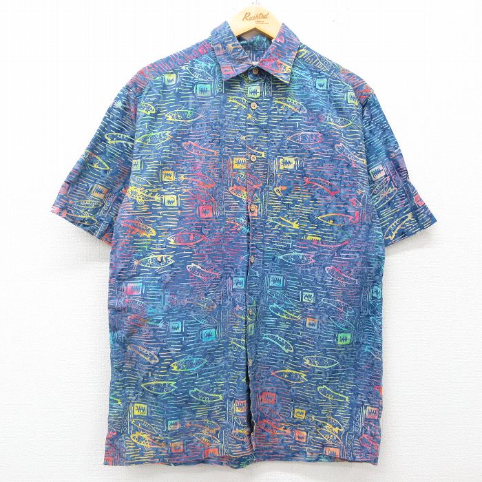 M★古着 半袖 ハワイアン シャツ メンズ 90年代 90s 魚 総柄 コットン 紺他 ネイビー 25jun10 中古 アロハ トップス