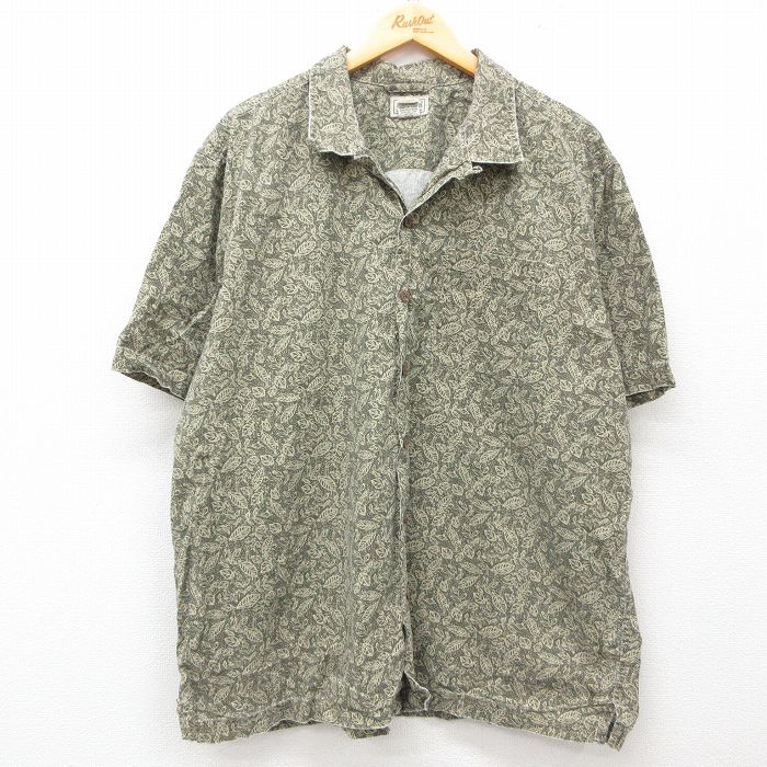 XL★古着 エルエルビーン LLBEAN 半袖 ハワイアン シャツ メンズ 00年代 00s 葉 総柄 大きいサイズ コットン 開襟 オープンカラー 濃緑他 グリーン 25jun10 中古 アロハ トップス
