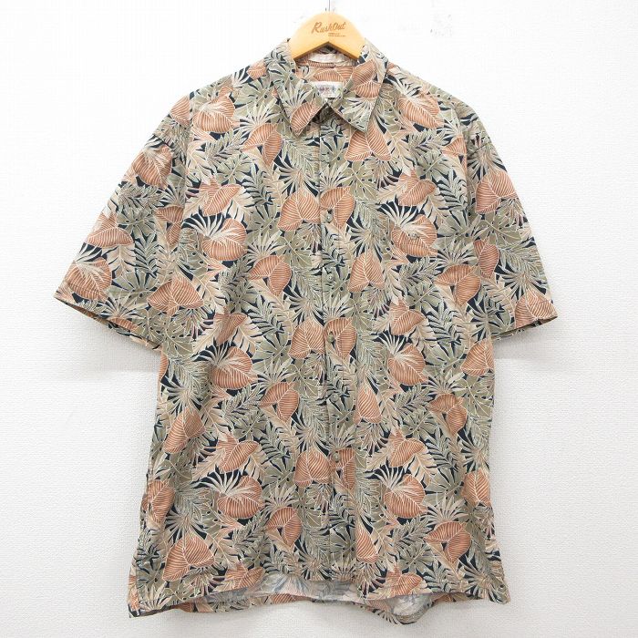 XL★古着 半袖 ハワイアン シャツ メンズ 00年代 00s 葉 総柄 コットン 茶系他 ブラウン 25jun10 中古 アロハ トップス