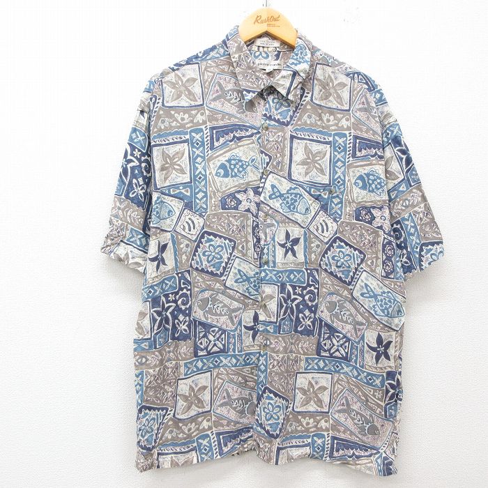 L★古着 ピエールカルダン pierre cardin 半袖 ブランド ハワイアン シャツ メンズ 90年代 90s 魚 花 総柄 レーヨン 紺他 ネイビー 25jun10 中古 アロハ トップス