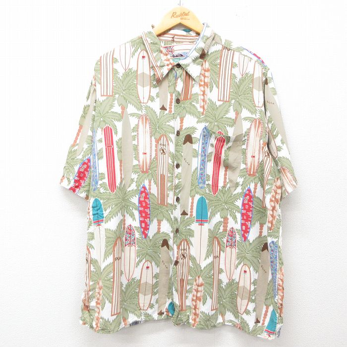 【50%OFF】XL★古着 レインスプーナー REYN SPOONER 半袖 ハワイアン シャツ メンズ 90年代 90s ヤシの木 サーフボード 総柄 大きいサイズ レーヨン ハワイ製 白他 ホワイト 【spe】 25jun10 中古 アロハ トップス