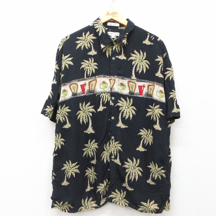 XL★古着 ピエールカルダン pierre cardin 半袖 ハワイアン シャツ メンズ 90年代 90s ヤシの木 カクテル レーヨン 黒他 ブラック 25jun10 中古 アロハ トップス