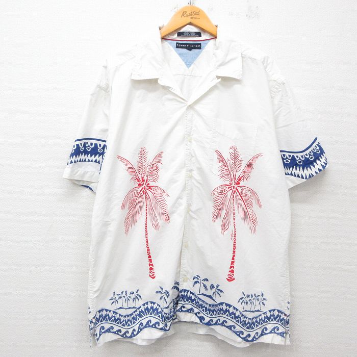 XL★古着 トミーヒルフィガー TOMMY HILFIGER 半袖 ブランド ハワイアン シャツ メンズ ヤシの木 コットン 開襟 オープンカラー 白他 ホワイト 25jun10 中古 アロハ トップス
