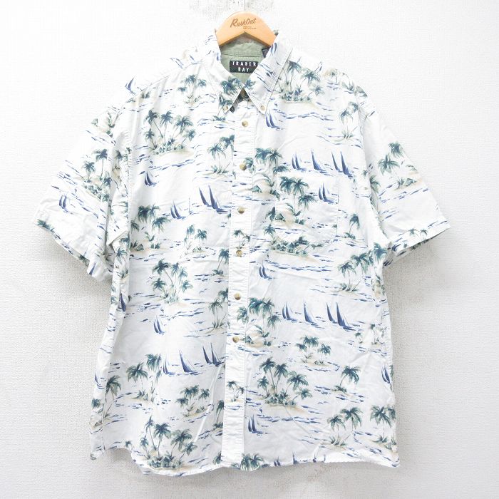 XL★古着 半袖 ハワイアン シャツ メンズ 00年代 00s ヤシの木 大きいサイズ コットン ボタンダウン 白他 ホワイト 25jun19 中古 アロハ トップス