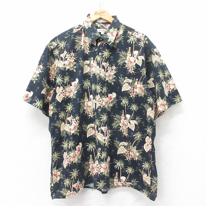XL★古着 ピエールカルダン pierre cardin 半袖 ハワイアン シャツ メンズ 90年代 90s ヤシの木 ハイビスカス コットン 黒他 ブラック 25jun19 中古 アロハ トップス