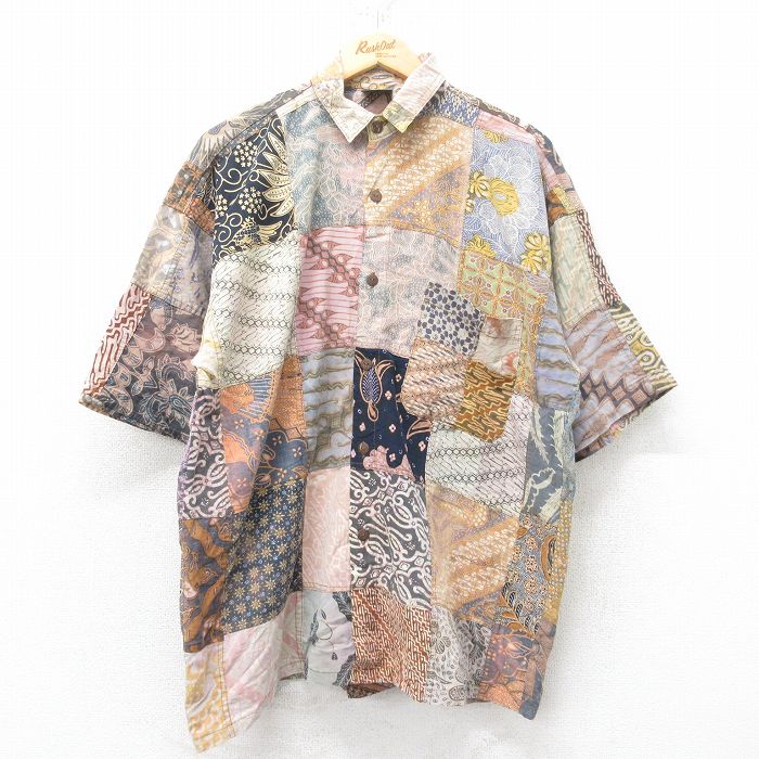 XL★古着 半袖 ハワイアン シャツ メンズ 00年代 00s パッチワーク 総柄 コットン 茶他 ブラウン 【spe】 25jun19 中古 アロハ トップス