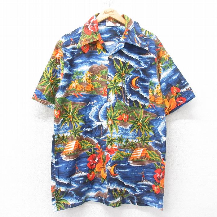 【50%OFF】XL★古着 半袖 ハワイアン シャツ メンズ 00年代 00s サーフィン ヤシの木 コットン 開襟 オープンカラー 紺他 ネイビー 25jun19 中古 アロハ トップス