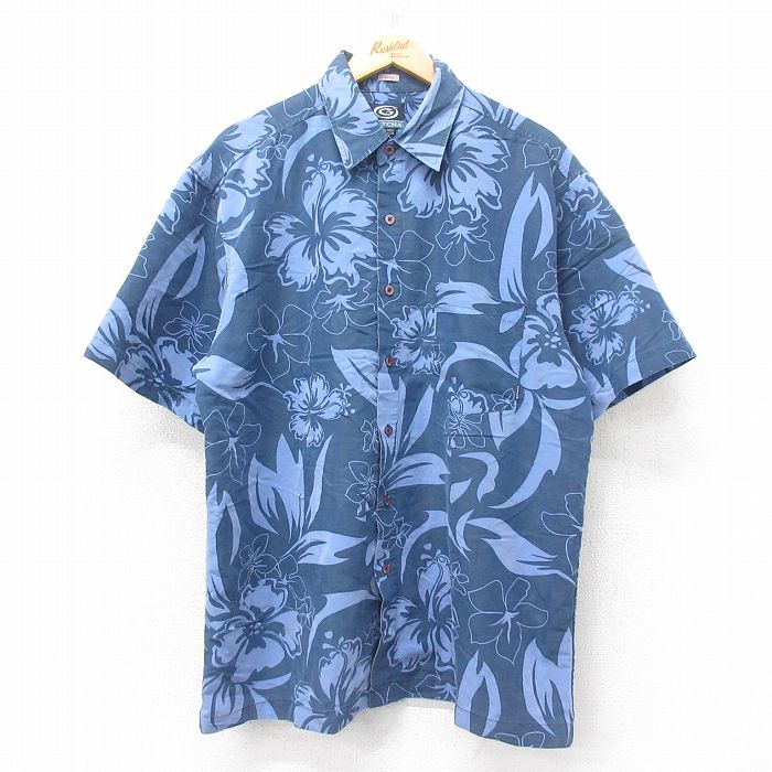 XL★古着 ガッチャ GOTCHA 半袖 ハワイアン シャツ メンズ ハイビスカス ロング丈 紺他 ネイビー 25jun19 中古 アロハ トップス