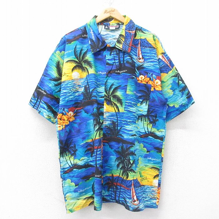 XL★古着 半袖 ハワイアン シャツ メンズ 90年代 90s ヤシの木 ハイビスカス ヨット ロング丈 コットン USA製 紺他 ネイビー 25jun19 中古 アロハ トップス