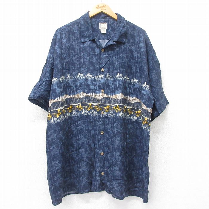XL★古着 半袖 ハワイアン シャツ メンズ ハイビスカス ヤシの木 大きいサイズ ロング丈 レーヨン 開襟 オープンカラー 紺他 ネイビー 25jun19 中古 アロハ トップス