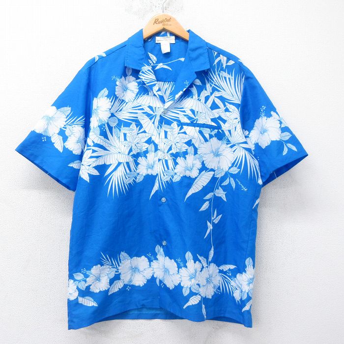 L★古着 半袖 ハワイアン シャツ メンズ 90年代 90s ハイビスカス 開襟 オープンカラー 青他 ブルー 25jun19 中古 アロハ トップス