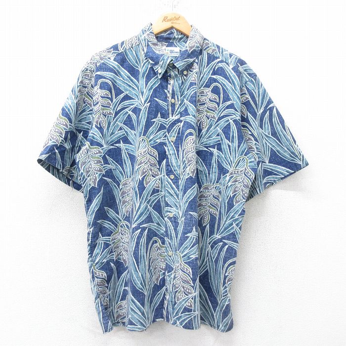 XL★古着 レインスプーナー REYN SPOONER 半袖 ハワイアン シャツ メンズ 90年代 90s 花 大きいサイズ ボタンダウン 紺他 ネイビー 【spe】 25jun19 中古 アロハ トップス
