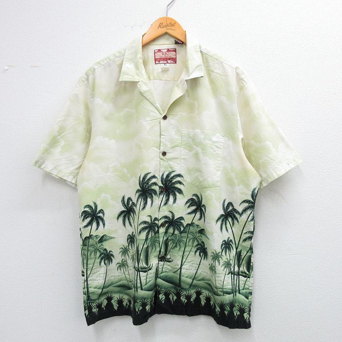 XL★古着 半袖 ハワイアン シャツ メンズ 90年代 90s ヤシの木 雲 大きいサイズ コットン 開襟 オープンカラー ハワイ製 薄緑他 グリーン 25jun21 中古 アロハ トップス