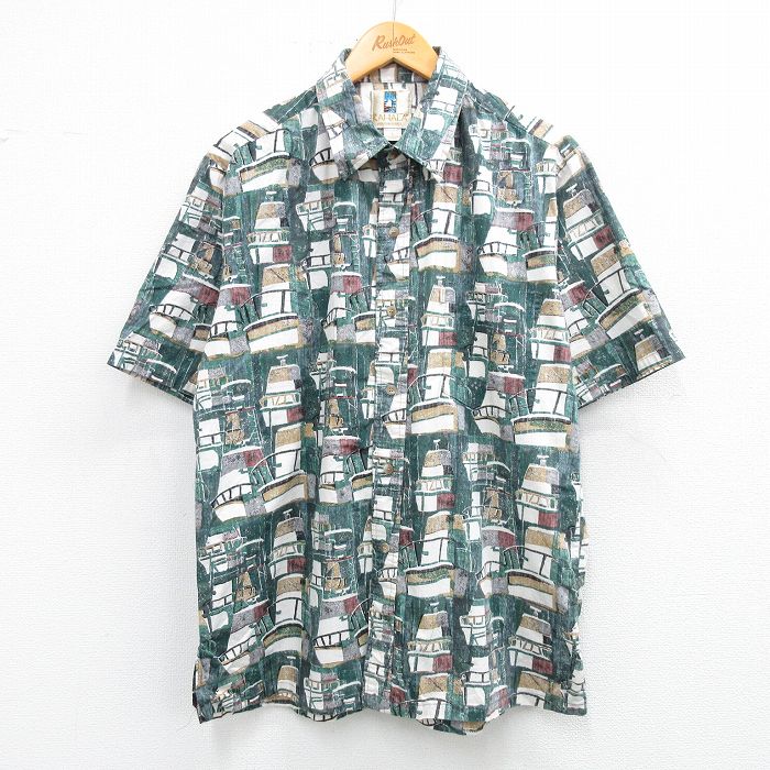 XL★古着 カハラ 半袖 ハワイアン シャツ メンズ 00年代 00s 船 総柄 手織り コットン ハワイ製 緑他 グリーン 【spe】 25jun21 中古 アロハ トップス