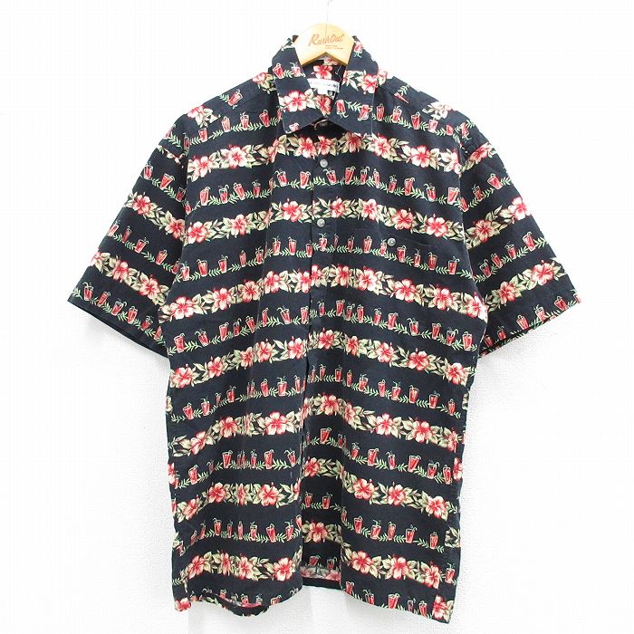 【50%OFF】L★古着 ピエールカルダン pierre cardin 半袖 ハワイアン シャツ メンズ 90年代 90s ハイビスカス ジュース コットン 黒他 ブラック 25jun21 中古 アロハ トップス