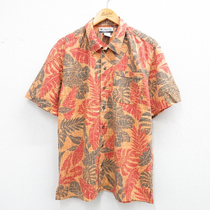 L★古着 コロンビア COLUMBIA 半袖 ハワイアン シャツ メンズ 00年代 00s 葉 総柄 オレンジ他 25jun21 中古 アロハ トップス