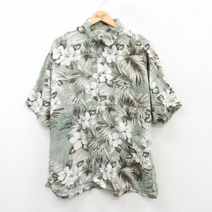 XL★古着 半袖 ハワイアン シャツ メンズ ハイビスカス 地図 総柄 大きいサイズ レーヨン 薄緑他 グリーン 25jun24 中古 アロハ トップス