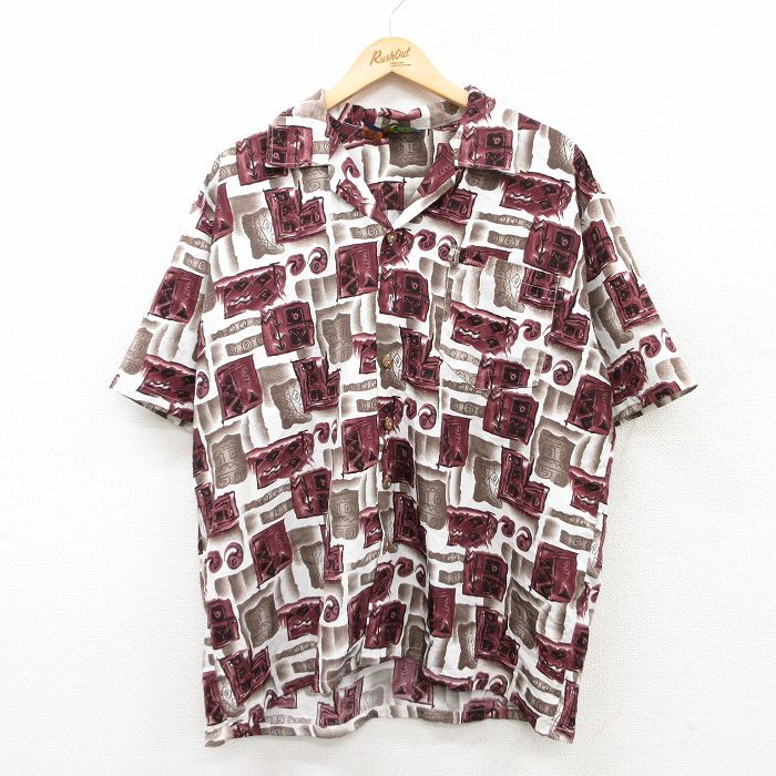 XL★古着 半袖 ハワイアン シャツ メンズ 00年代 00s 総柄 大きいサイズ 開襟 オープンカラー エンジ他 25jun24 中古 アロハ トップス