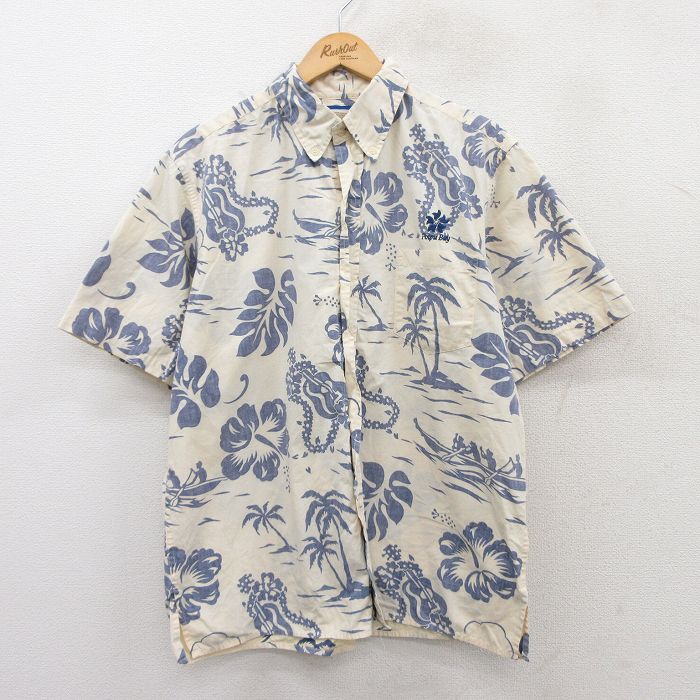 XL★古着 レインスプーナー REYN SPOONER 半袖 ハワイアン シャツ メンズ サーフィン ハイビスカス ギター 総柄 大きいサイズ コットン ボタンダウン ハワイ製 生成り他 25jun24 中古 アロハ トップス
