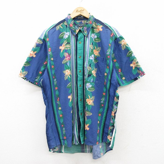 XL★古着 ラルフローレン Ralph Lauren チャップス 半袖 ブランド ハワイアン シャツ メンズ 80年代 80s ハイビスカス 大きいサイズ コットン ボタンダウン 紺他 ネイビー 【spe】 25jun24 中古 アロハ トップス