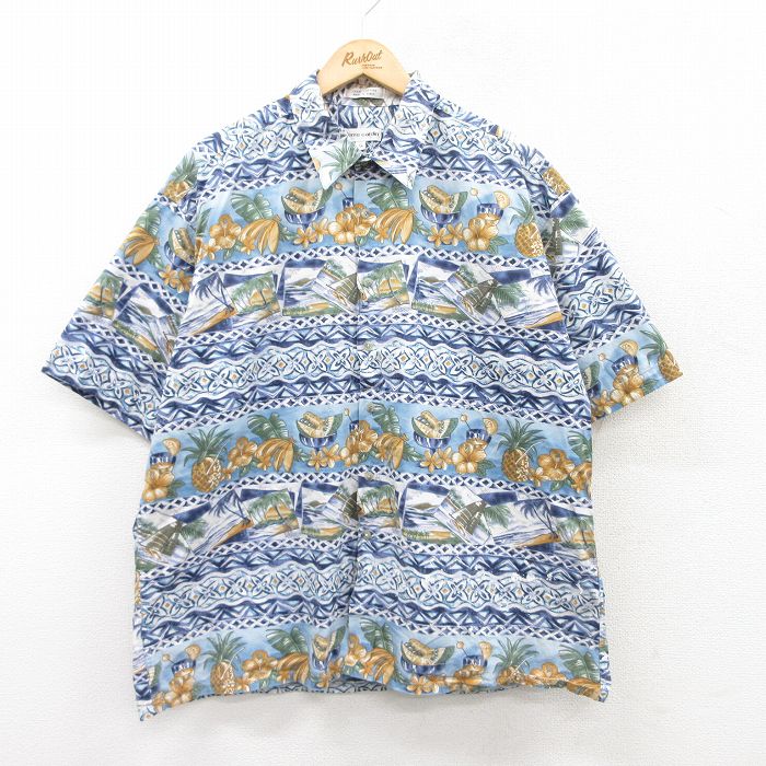 【50%OFF】XL★古着 ピエールカルダン pierre cardin 半袖 ブランド ハワイアン シャツ メンズ 90年代 90s ハイビスカス フルーツ 大きいサイズ コットン 薄紺他 ネイビー 25jun24 中古 アロハ トップス