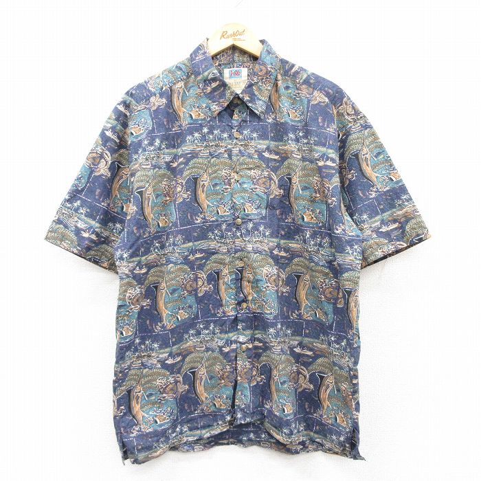 XL★古着 カハラ 半袖 ハワイアン シャツ メンズ 00年代 00s 魚 カニ 総柄 手織り コットン ハワイ製 紺他 ネイビー 25jun24 中古 アロハ トップス