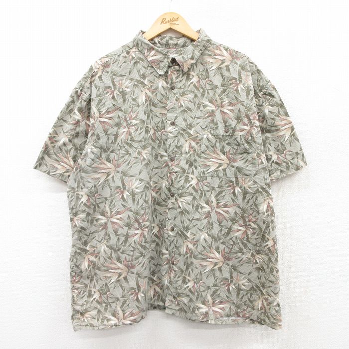 XL★古着 半袖 ハワイアン シャツ メンズ ヤシの木 総柄 大きいサイズ コットン 薄緑 グリーン 25jun24 中古 アロハ トップス