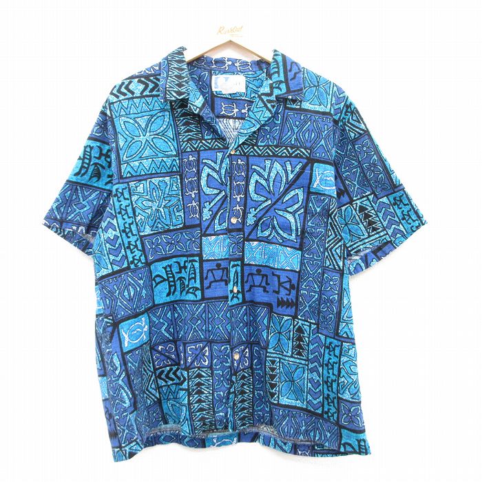 XL★古着 半袖 ハワイアン シャツ メンズ 90年代 90s ハイビスカス 開襟 オープンカラー ハワイ製 紺他 ネイビー 25jun24 中古 アロハ トップス