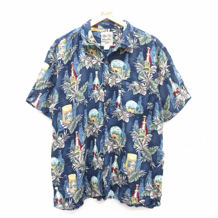L★古着 STEVE&BARRYS 半袖 ハワイアン シャツ メンズ ビール レーヨン 開襟 オープンカラー 紺他 ネイビー 25jun24 中古 アロハ トップス