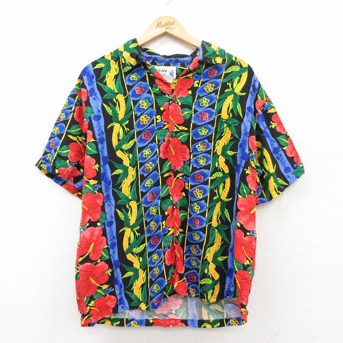 【50%OFF】L★古着 半袖 ハワイアン シャツ メンズ 90年代 90s ハイビスカス レーヨン 開襟 オープンカラー ハワイ製 黒他 ブラック 【spe】 25jun24 中古 アロハ トップス
