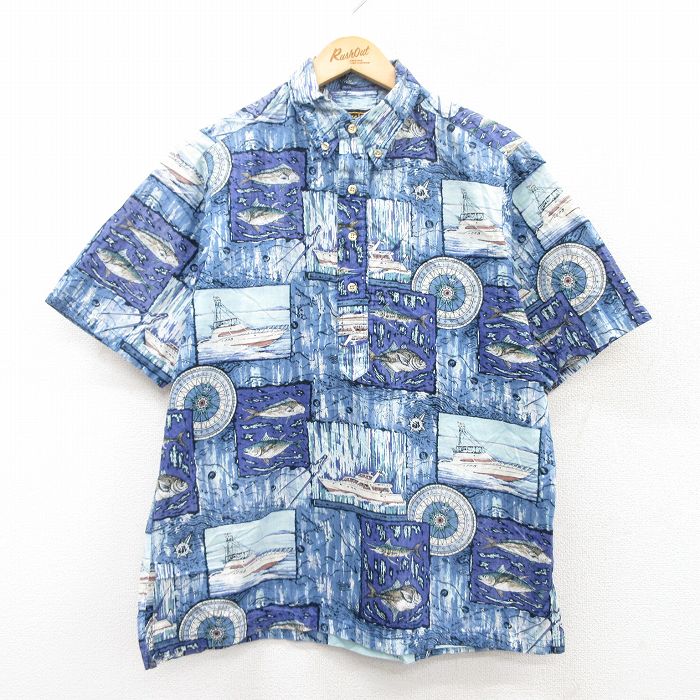 L★古着 半袖 ハワイアン シャツ メンズ 90年代 90s 魚 方位磁石 船 ボタンダウン ハワイ製 紺他 ネイビー 25jun24 中古 アロハ トップス