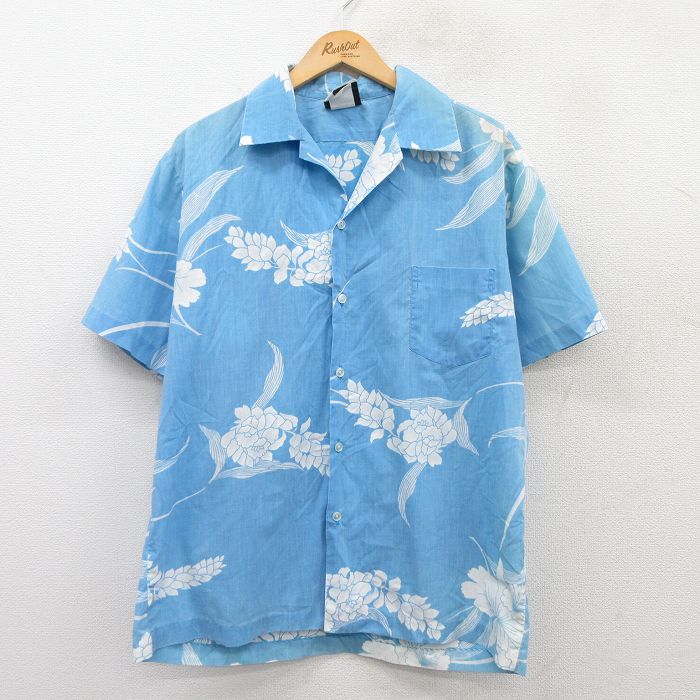 XL★古着 半袖 ハワイアン シャツ メンズ 90年代 90s 花 開襟 オープンカラー ハワイ製 水色 25jun24 中古 アロハ トップス