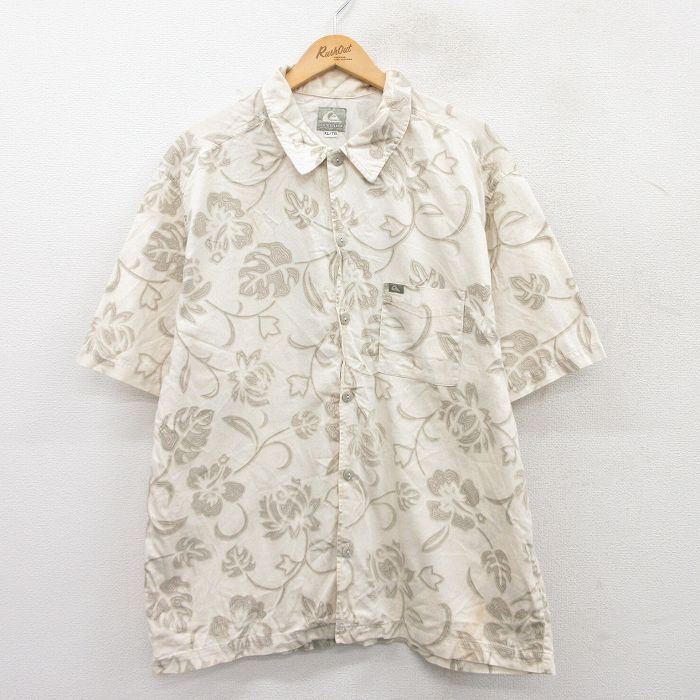 XL★古着 クイックシルバー QUIKSILVER 半袖 ハワイアン シャツ メンズ ハイビスカス コットン 薄ベージュ他 カーキ 25jun24 中古 アロハ トップス