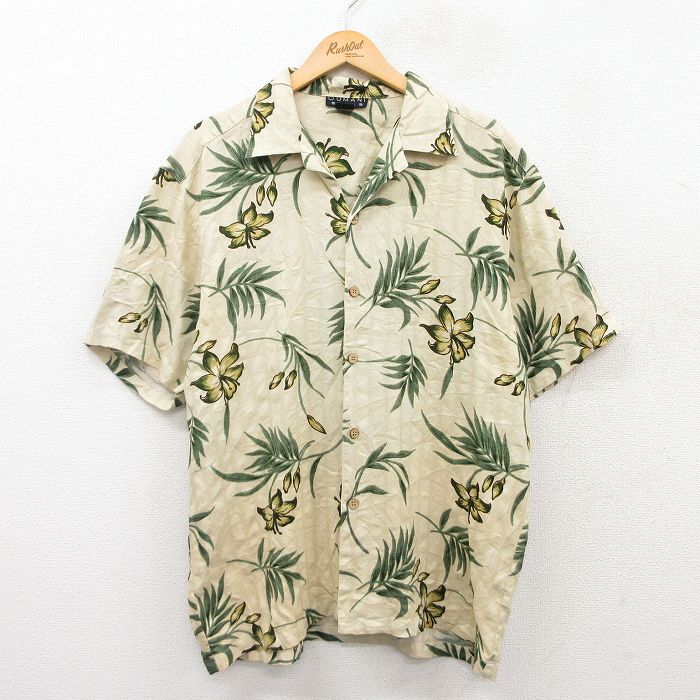 L★古着 半袖 ハワイアン シャツ メンズ ハイビスカス シルク 開襟 オープンカラー 薄ベージュ他 カーキ 25jun24 中古 アロハ トップス