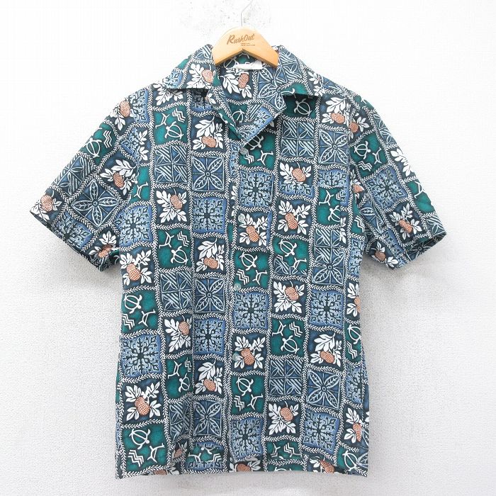 M★古着 半袖 ハワイアン シャツ メンズ 90年代 90s 開襟 オープンカラー ハワイ製 緑他 グリーン 25jun26 中古 アロハ トップス