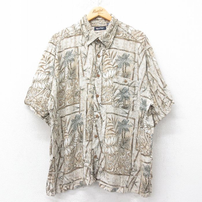 【20%OFF】XL★古着 ピューリタン 半袖 ハワイアン シャツ メンズ 00年代 00s 竹 大きいサイズ レーヨン ベージュ他 カーキ 25jun26 中古 アロハ トップス