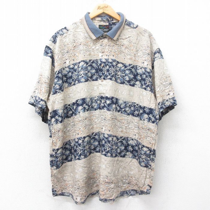 【50%OFF】XL★古着 グレッグノーマン 半袖 ハワイアン シャツ メンズ 大きいサイズ ロング丈 ベージュ他 カーキ 25jun26 中古 アロハ トップス