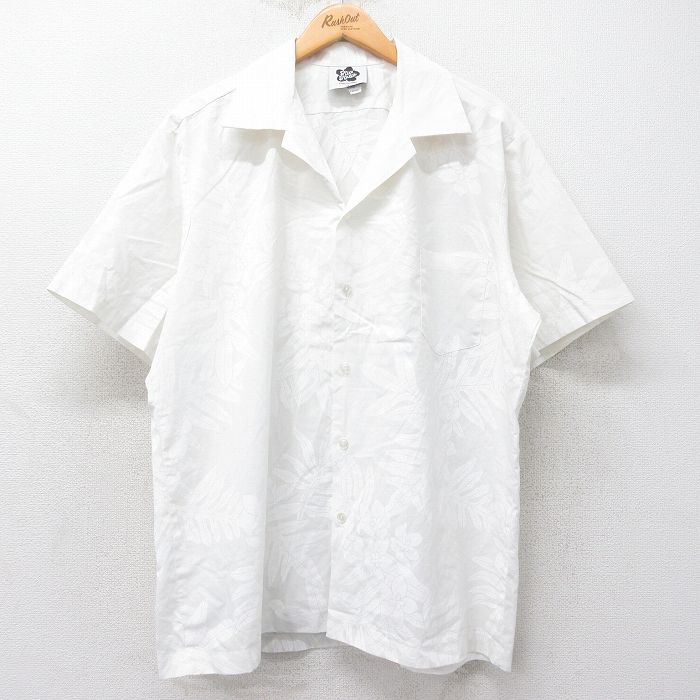 XL★古着 半袖 ハワイアン シャツ メンズ 90年代 90s 花 大きいサイズ 開襟 オープンカラー ハワイ製 白 ホワイト 25jun26 中古 アロハ トップス