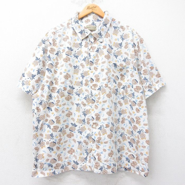 XL★古着 半袖 ハワイアン シャツ メンズ パイナップル 大きいサイズ コットン 白他 ホワイト 25jun26 中古 アロハ トップス