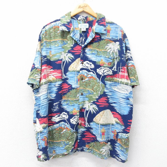 XL★古着 半袖 ハワイアン シャツ メンズ 90年代 90s ヤシの木 大きいサイズ ハワイ製 紺他 ネイビー 25jun26 中古 アロハ トップス